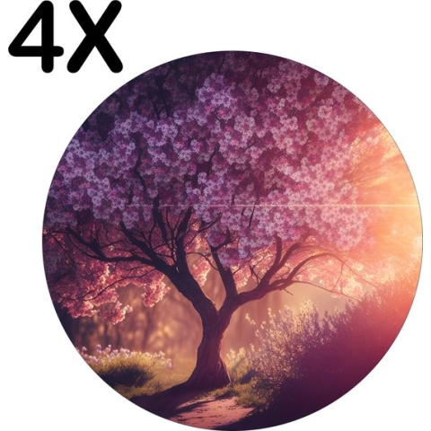 BWK Luxe Ronde Placemat - Bloesem aan de Boom bij Zonsondergang - Set van 4 Placemats - 50x50 cm - 2 mm dik Vinyl - Anti Slip - Afneembaar