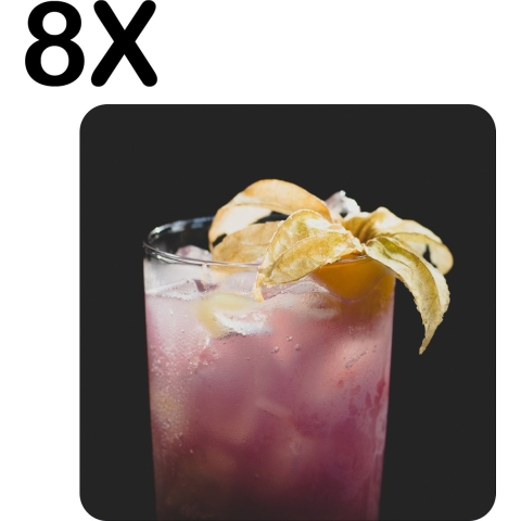 BWK Luxe Placemat - Roze Cocktail met Zwarte Achtergrond - Set van 8 Placemats - 40x40 cm - 2 mm dik Vinyl - Anti Slip - Afneembaar