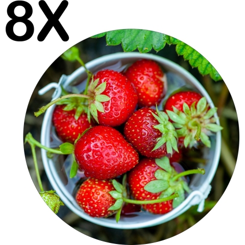 BWK Luxe Ronde Placemat - Bakje Aardbeien Tussen de Plantjes - Set van 8 Placemats - 40x40 cm - 2 mm dik Vinyl - Anti Slip - Afneembaar