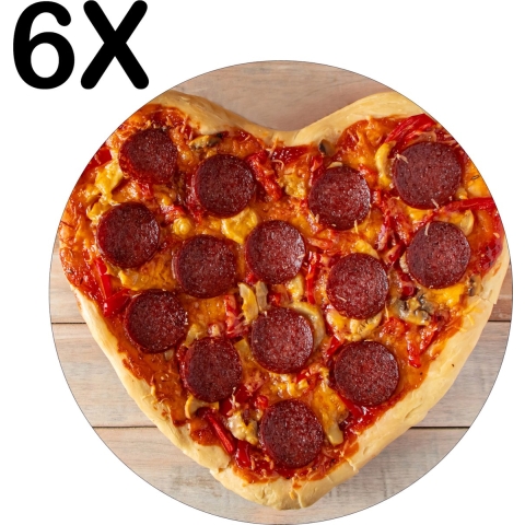 BWK Stevige Ronde Placemat - Love Pizza - Hartjes Pizza - Set van 6 Placemats - 50x50 cm - 1 mm dik Polystyreen - Afneembaar
