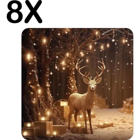 BWK Flexibele Placemat - Hert in het Bos met Gouden Gloed - Set van 8 Placemats - 50x50 cm - PVC Doek - Afneembaar