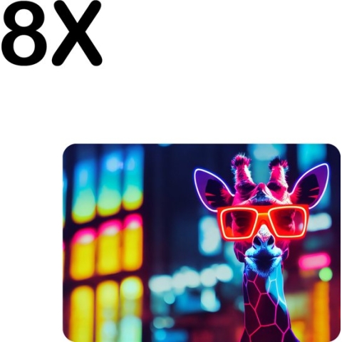 BWK Luxe Placemat - Giraf met Zonnebril in Neon Kleuren - Set van 8 Placemats - 35x25 cm - 2 mm dik Vinyl - Anti Slip - Afneembaar