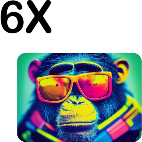 BWK Flexibele Placemat - Aap met Zonnebril in Neon Kleuren - Set van 6 Placemats - 40x30 cm - PVC Doek - Afneembaar