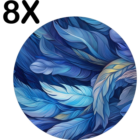 BWK Flexibele Ronde Placemat - Getekende Blauwe Veren - Set van 8 Placemats - 40x40 cm - PVC Doek - Afneembaar