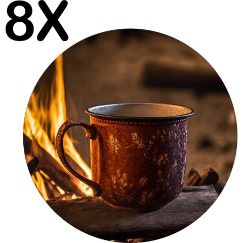 BWK Flexibele Ronde Placemat - Kop Koffie in de Wildernis - Set van 8 Placemats - 40x40 cm - PVC Doek - Afneembaar
