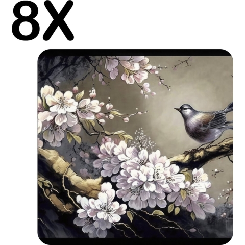 BWK Luxe Placemat - Chinese Kunst met Vogel en Kersenboom - Set van 8 Placemats - 40x40 cm - 2 mm dik Vinyl - Anti Slip - Afneembaar