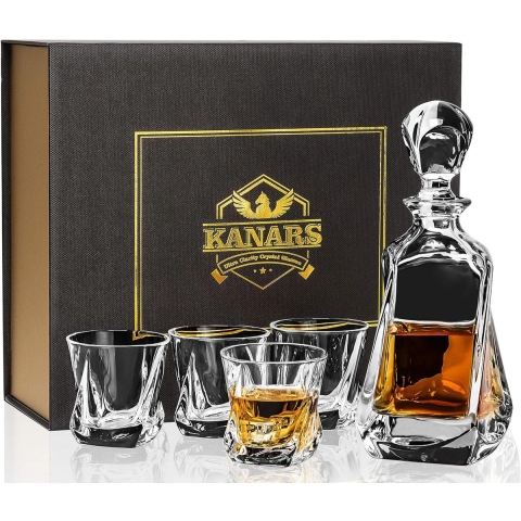 Luxe Whisky Karaf en Glazen Set - Een 650 ml Kristallen Whiskey Decanter met 4 Whiskyglazen van 210 ml, Perfect voor Martini, Scotch, Cocktails, Cognac, Whisky, Wodka - Prachtig Verpakt in een Stijlvolle Geschenkdoos, Complete Set van 5 Stuks