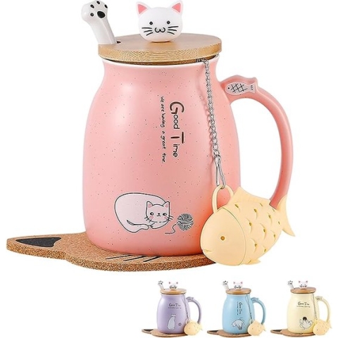 Kat Mok Leuke Keramische Koffiekop met Mooie Kitty deksel Roestvrij Stalen Lepel, Nieuwigheid Ochtend Cup Thee Melk Kerst Mok Gift 380ML (Roze)