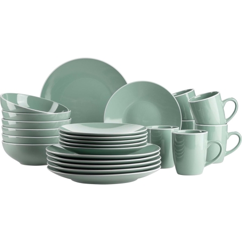 Serie modern servies set voor 6 personen in groen met witte rand, 24-delig combiservies, aardewerk