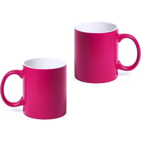 12x stuks drinkbeker/mok fuchsia/wit 350 ml - Keramiek - Fuchsia mokken/bekers voor onbijt en lunch
