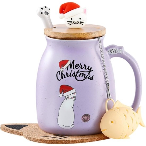 Kattenmok Kerst Schattige Keramische Koffiekop met Deksel Kerstcadeaus voor Vrouwen Kinderen, Roestvrijstalen Lepel, Grappige Ochtendbeker Thee Melk Mok Theekop met Deksel en Zeef 380 ml
