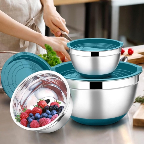 Mengkom 3-delige set, roestvrijstalen kom met luchtdicht deksel en antislip bodem, slakomset voor keuken/bakken, koken/bereiding, vaatwasmachinebestendig, 4,6 l/2,8 l/1,2 l (blauw)