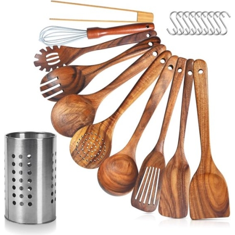 Houten kookgerei Keukengerei met houder Handdoek Natuurlijk teakhout Lepel en spatel Keukengerei Set Pan Server Kookgerei (pak van 11)