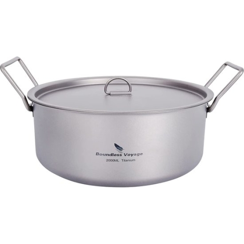 Boundless Voyage - 2L - Kampeerpot - Titanium - Soeppan - Buitenshuis - Kookgerei - Draagbaar - Holloware met Deksel & Opvouwbare Handgreep - Lichtgewicht - Wandelen - Picknick - Kookset - Grote Capaciteit - Hot Pot - Binnen - Keuken Soeppan