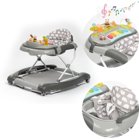 BRONEA Loopstoeltje 4 in 1 | Babywalker met schommelfunctie en speelpaneel met muziek | In hoogte verstelbaar en klapbaar| Loopstoel met geruisloze wielen en remmen