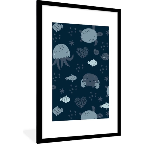 Fotolijst incl. Poster - Schildpad - Zeedieren - Patroon - Jongens - Jongetje - Baby - 60x90 cm - Posterlijst