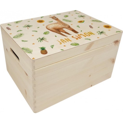 World of Mies memorybox alpaca met naam - Houten herinneringskist 30 x 40 x 23 cm - met handvaten - hoogwaardige kleurenprint in het hout - handgeschilderd design door Mies