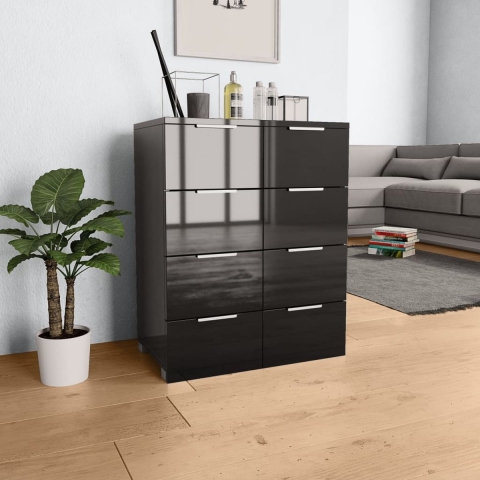 The Living Store Dressoir Hoogglans Zwart - 60 x 35 x 80 cm - Met 8 lades