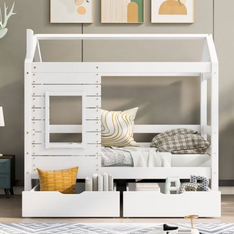 Wit huisbed kinderbed jeugdbed 160x80, veelzijdig houten kinderbed voor jongens en meisjes met uitvalbeschermingsraam en lattenbodem