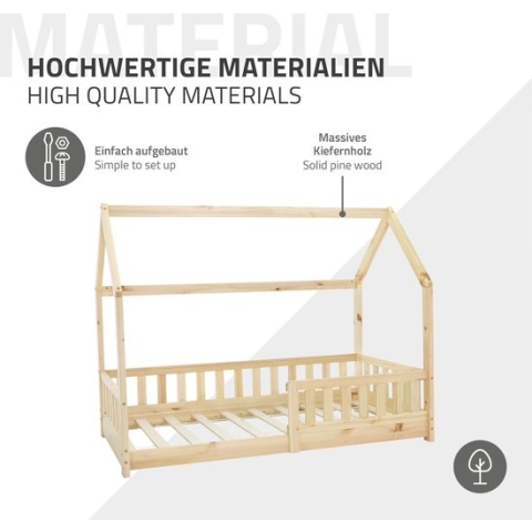 Kinderbed met bescherming tegen uitvallen lattenbodem en dak 80x160 cm Natuurlijk dennenhout ML-Design