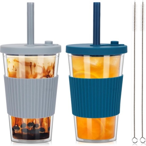 500 ml Bubble Tea beker met deksel en rietje, 2 stuks smoothiebekers, plastic bobabeker, herbruikbare drinkbeker, tumbler dubbelwandig geïsoleerd, lekbeker voor Boba-ijskoffie