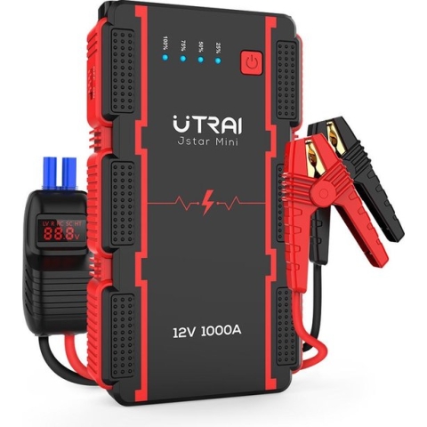 Utrai 12V Compact Jumpstarter - 13000 Mah / 1000A - Jump Starter - Acculader - met Dual USB port – LED Zaklamp en SOS noodlicht - 6L Benzine of 4.5L Diesel – Inclusief opbergtas en startkabels – Zwart/Rood Powerbank