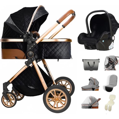 Homesell - Yazoco Kinderwagen 3 in 1 Loops Wandelwagen Set incl. Autostoel & Reiswieg & Buggy Sportzitje - Massieve Rubberbanden - Luiertas / Regenhoes - Zwart / Goud
