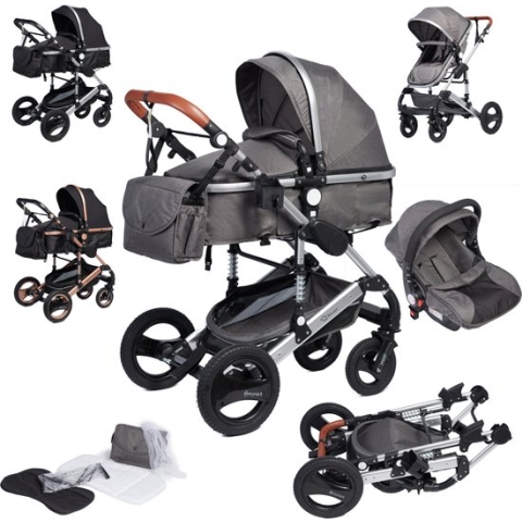 Bronea EXQUISE Luxe multi-functionele kinderwagen 3 in 1 | Grey / Silver | Incl. MATRAS, Buggy, Autostoel, Luiertas, Regenhoes, Voetenwarmer, Muggen net & Zonneklep