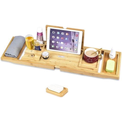 Uitschuifbare bamboe badplank met wijnglashouder, bamboe badplank met zeepbakje en iPad-standaard.