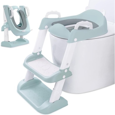 Toiletbril Kindertoiletbril voor peuters met trap, toiletbevestiging kinderen, verstelbare toilettrainer met PU-zitkussen, antislip, voor jongens en meisjes baby