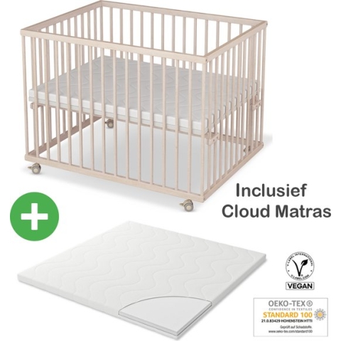 Premium Baby Box - kinderbox - 75x100cm - Nature - Incl. matras - In hoogte verstelbare bodem - Met Wielen - massief beukenhout - SÄMANN