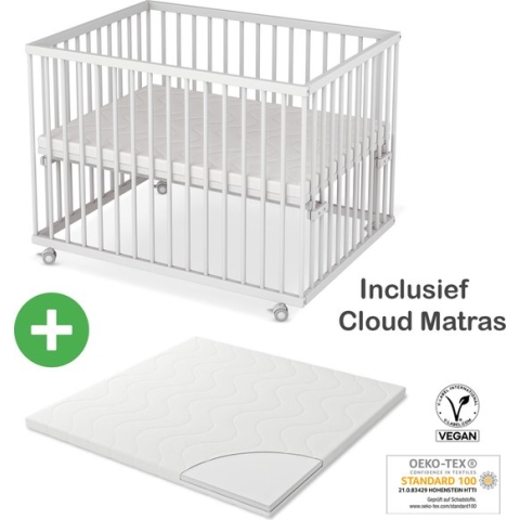 Premium Baby Box - kinderbox - 75x100cm - Wit Incl. matras - In hoogte verstelbare bodem - Met Wielen - massief beukenhout - SÄMANN