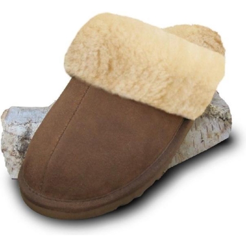 Lederen instap pantoffels dames en heren gevoerd met lamswol maat 36 kleur bruin camel en naturel binnenkant