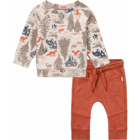 Noppies - kledingset - Jongens - 2delig - Broek Morenci Aragon relax Fit - Sweater jhansi allover print Oatmeal - Maat 80