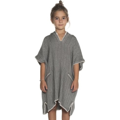 Strandponcho ZigZag Black - 10-11 jaar - jongens/meisjes/unisex pasvorm - poncho handdoek voor kinderen met capuchon - zwemponcho - badcape