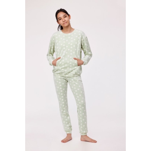 Woody Studio pyjama velours meisjes/dames - muntgroen - bolletjes - 232-12-YPE-V/957 - maat 128