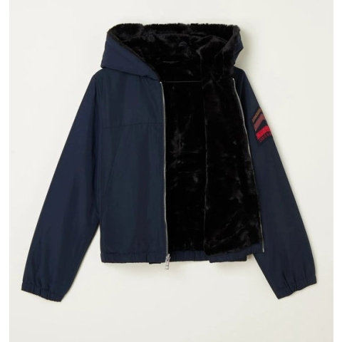Zadig&Voltaire Kids Reversible jas met imitatiebont en capuchon - Zwart/ Blauw - Maat 152