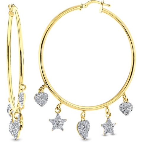 Juwelier Emo - 14 Karaat Gouden Kinderoorbellen meisje met Hartbedels & Zirkonia’s – 40 mm