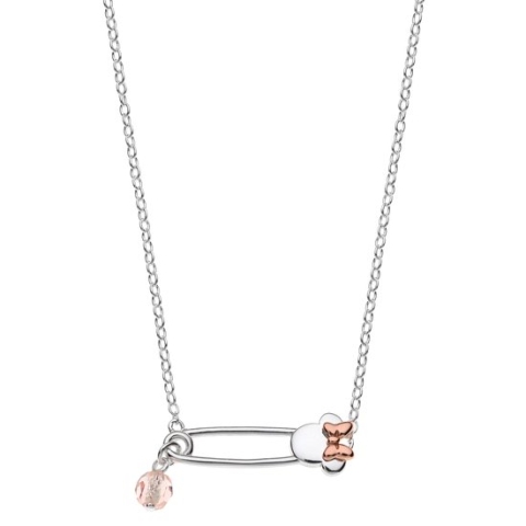 Disney 4-DIS013 Zilveren Ketting Minnie Mouse - Minnie Collier - Disney Sieraden - 35+3+2cm Lengte - Ankerschakel 1,2mm - Hanger Veigheidspeld 7,3x21mm -Kristal - 925 Zilver - Rose Goudkleurig