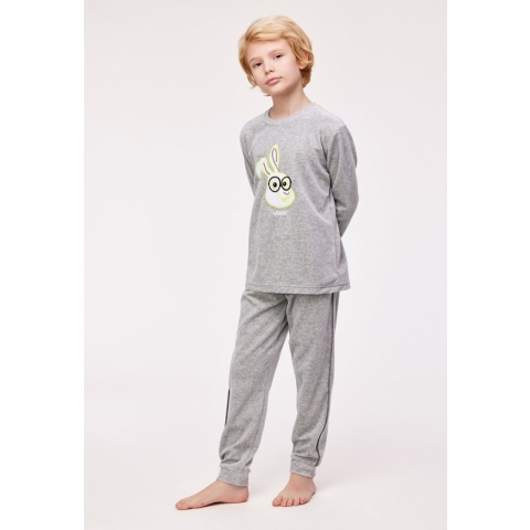 Woody pyjama velours jongens/heren - lichtgrijs - haas - 232-10-PLC-V/128 - maat 140