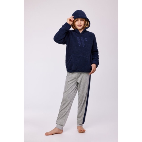 Woody Studio huispak teddy met velours broek jongens/heren - donkerblauw - 232-12-QHA-M/826 - maat 140