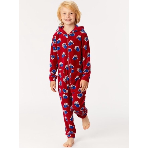 Woody onesie unisex - rood met schaap all-over print - 222-1-ONE-V/908 - maat 140