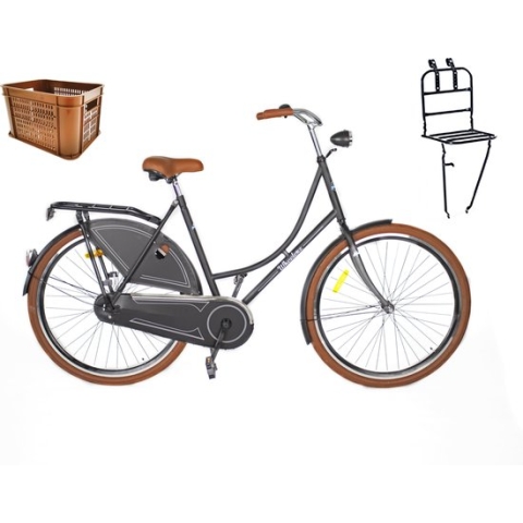 Wheelerz.nl omafiets 28 matzwart met rek en krat 100% RIJKLAAR GELEVERD