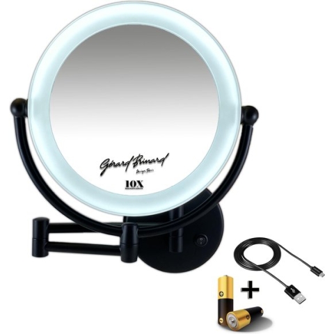 Metalen verlichte wand knik arm make-up LED Spiegel Mat zwart, Dubbelzijdig verlicht, 10x vergroting 22cm doorsnee, inculsief 4x AA batterijen en stroomkabel(USB) badkamer spiegel