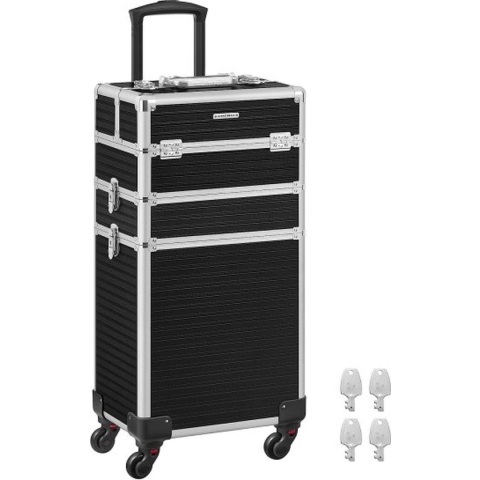 Professionele Make-Up Koffer Met 4 Universele Wielen - Grote Trolley Beautycase Voor Reizen En Werk - Zwart - Leeg