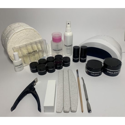 Callance Starterspakket UV Gel Standaard + 8 colors, Starter kit Gelnagels met LED lamp, UV Base Gel, UV Builder Gel Mystic Clear, UV Topcoat, Superbond, Tips, Tipslijm, Tipknipper, Kwast, Cuticle Pusher, Vijlen, Sanitizer, Cleanser, Celstofdeppers