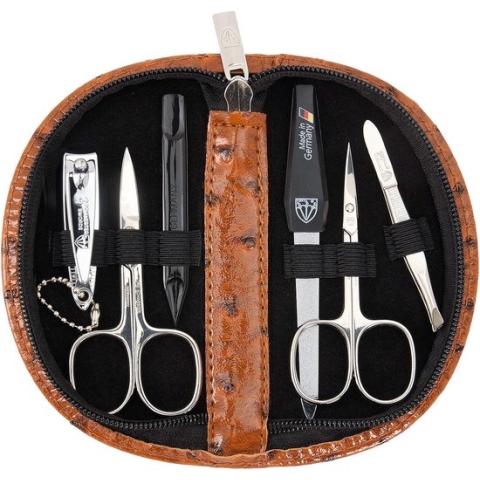 Manicure Set 'Pescara' - 6-delige Nagelschaar, Nagelriemschaar, Nagelknipper, Saffier Nagelvijl, Nagelreiniger, Pincet, Kleur Cognac Struisvogel Look