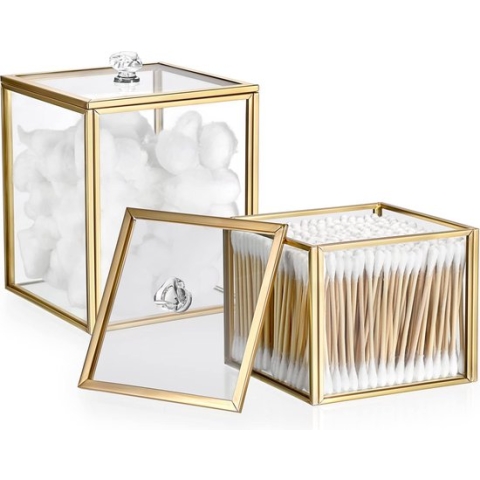 2 stuks wattenstaafjes van glas, metaal, met handgrepen, make-upkwastenhouder, beauty-ei-box, wattenbolletjeshouder, doekhouder, voor snoep, organizer, thuis, cosmetica, decoratie (goud)