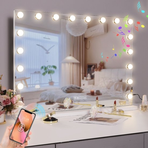 FENCHILIN Grote Hollywood Vanity Spiegel met Lichten Bluetooth Tafelblad Wandmontage 80*58CM
