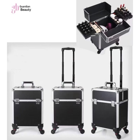 Kapper Koffer| Nagel | Visagist | Make-up | Cosmetica | Schminken | Trolley stevig en gemaakt van aluminium | 3 Delig | 8 Wielen | Bedekt met mooie zilver strips